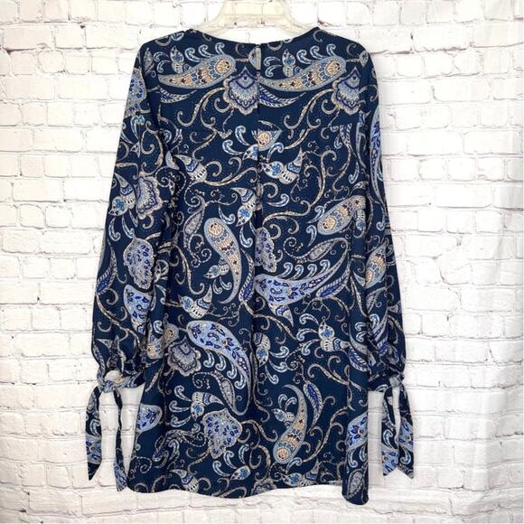 H&M Wms Blue Tan Paisley Shift Dress Size 10 Tie Knot Sleeve Knee Length Fall - Picture 2 of 9